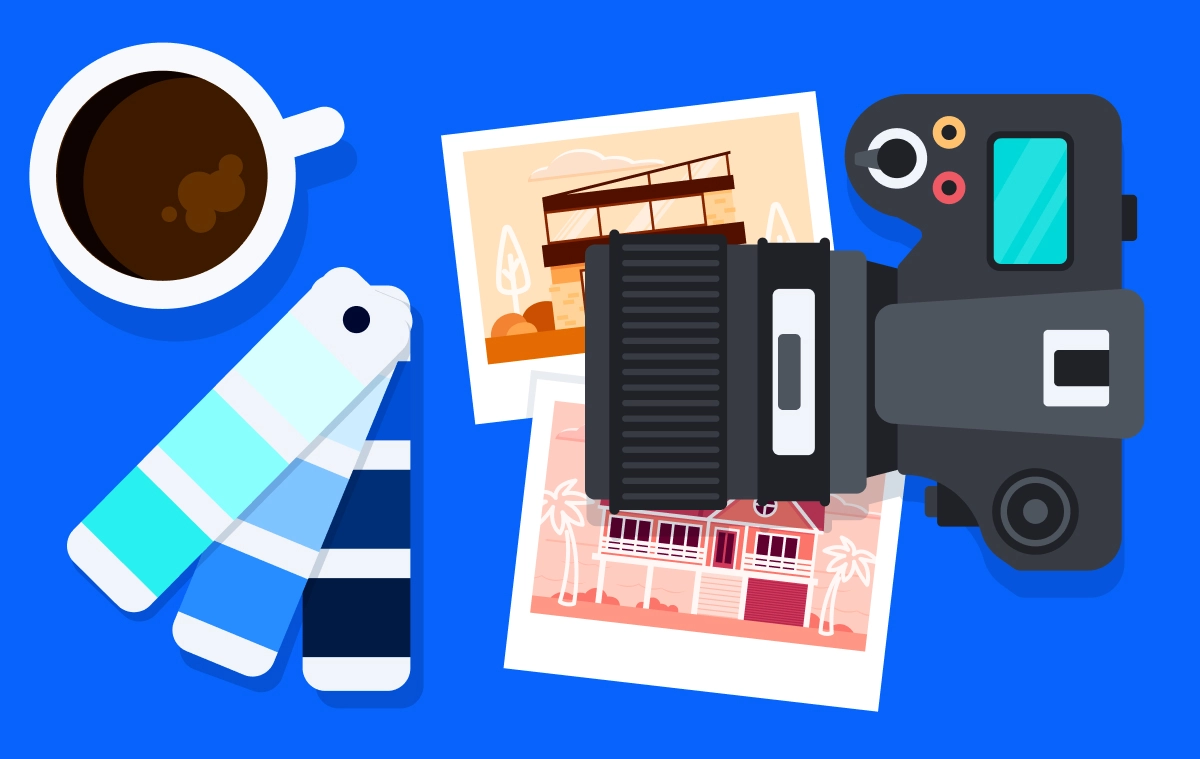 A illustrated graphic with coffee cup, paint swatches, photos and a camera