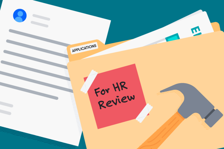 Folder filled with paperwork labeled "For HR Review"