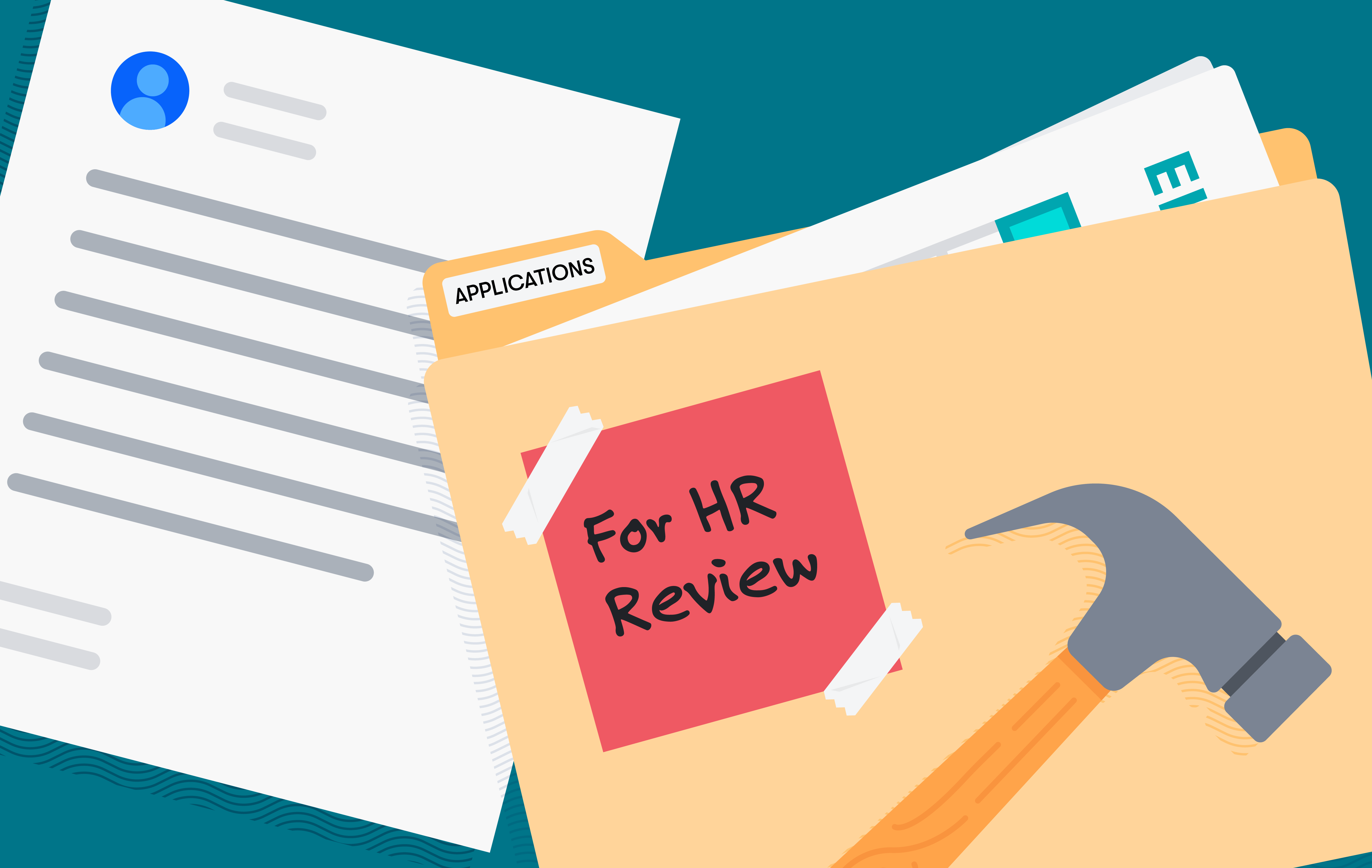 Folder filled with paperwork labeled "For HR Review"