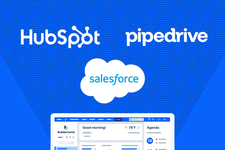 A laptop illustration on a blue background with the HubSpot, Pipedrive and Salesforce logos