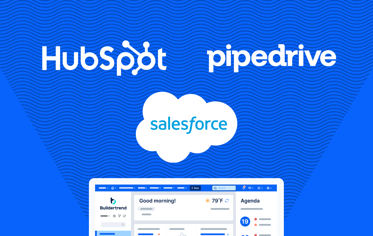 A laptop illustration on a blue background with the HubSpot, Pipedrive and Salesforce logos