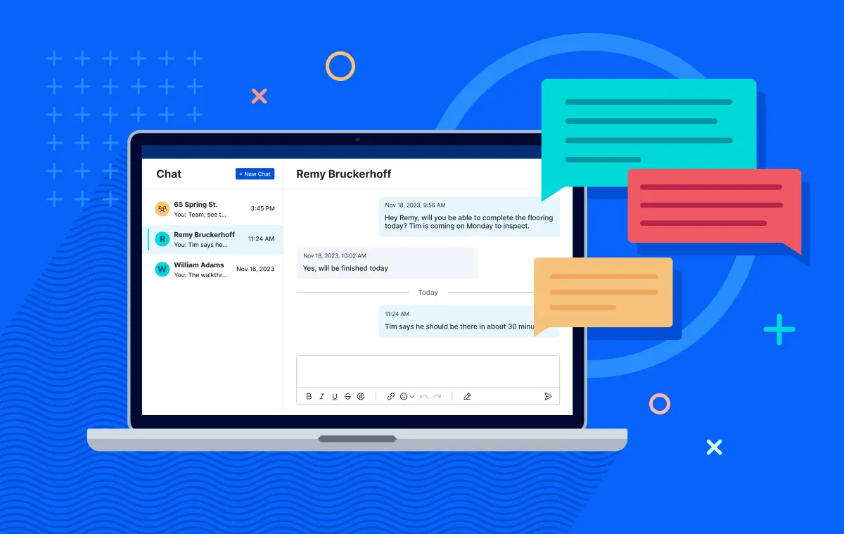 An illustrated graphic of a laptop computer that shows chat bubbles