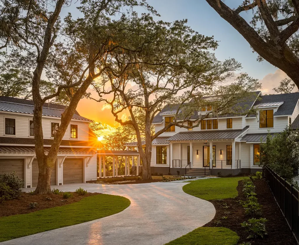 Home exterior surrounded by trees during golden hour