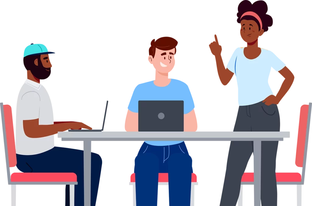 Animated graphic of a group of people at a table having a conversation while working on laptops