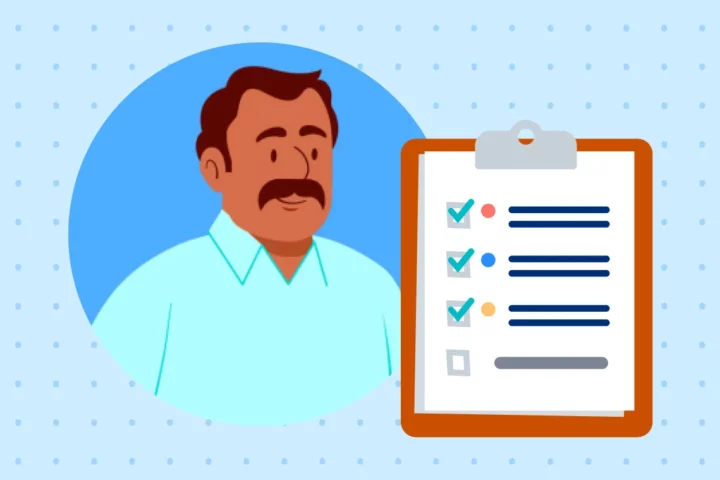 An illustrated image of a man and a checklist on a clipboard
