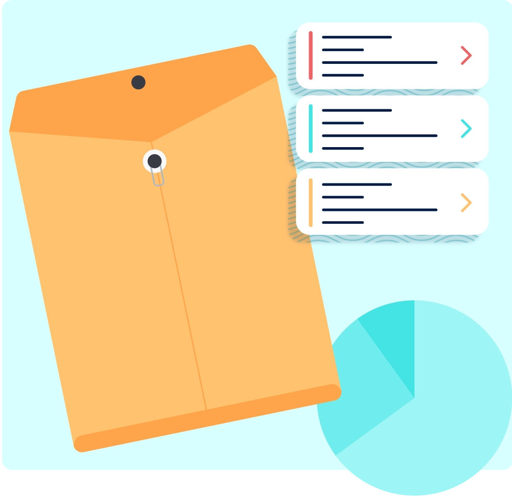 Animated graphic of envelope, messages and piechart