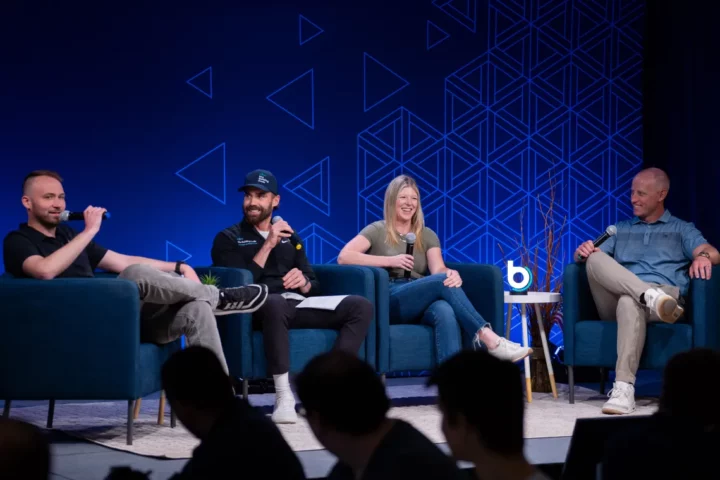 Steve and Heather Tankersley on stage with Zach and Charley recording a live podcast episode