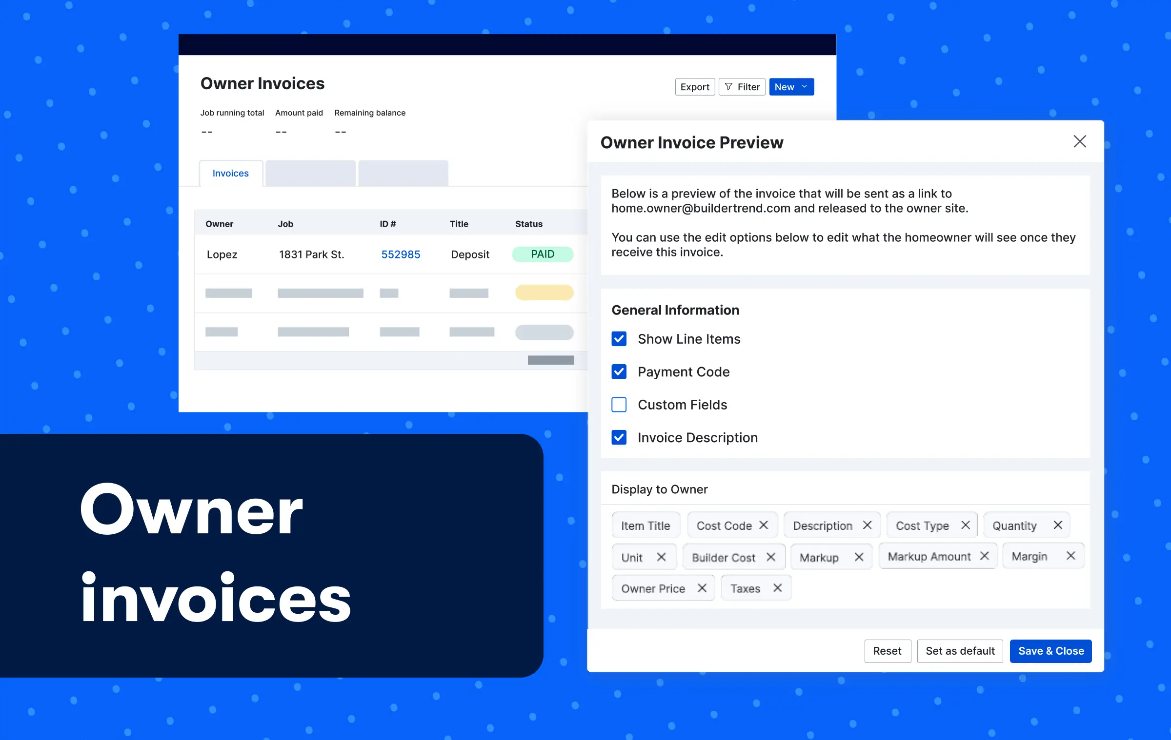 Owner invoice and preview product screenshot