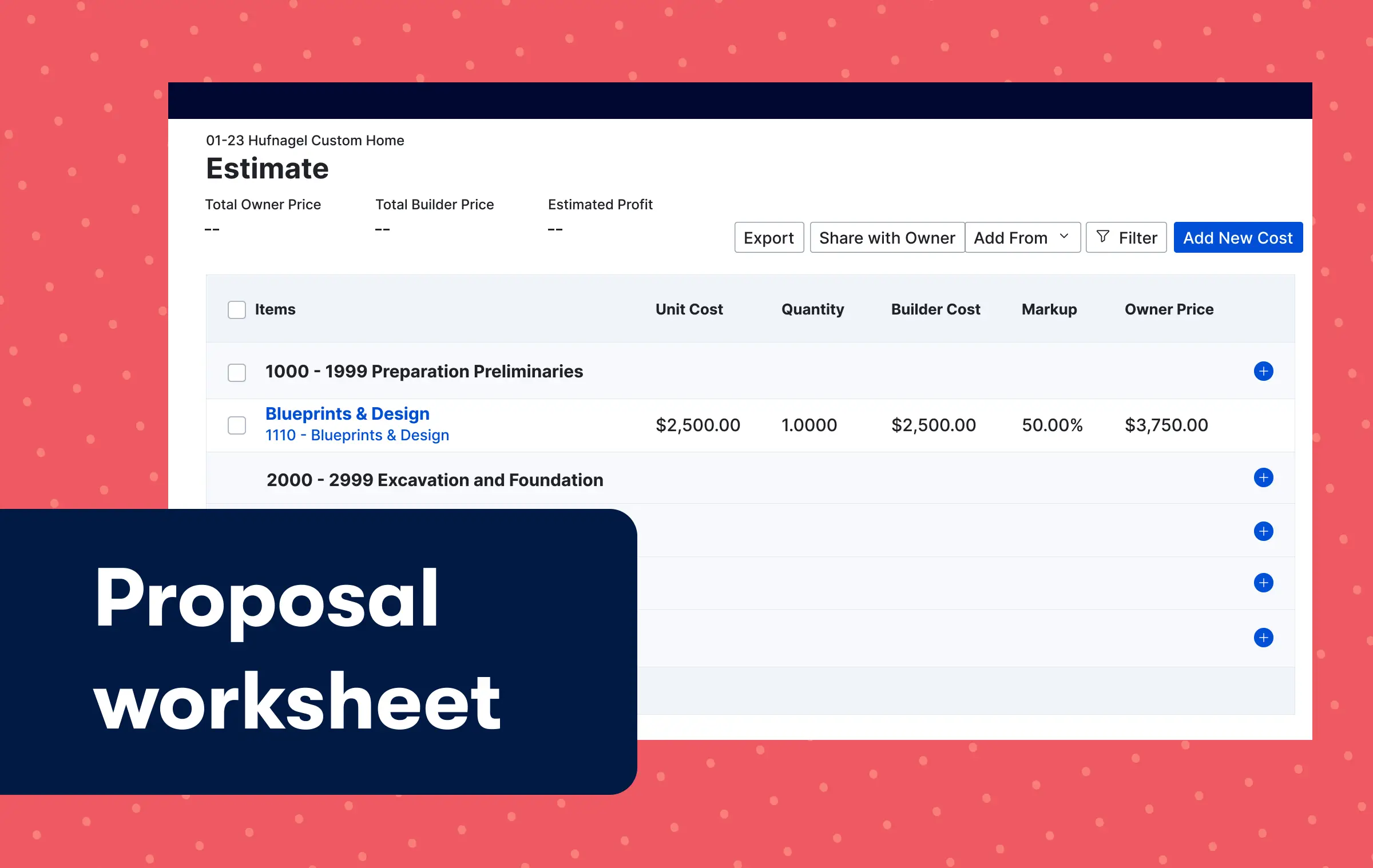 Proposal worksheet product screenshot