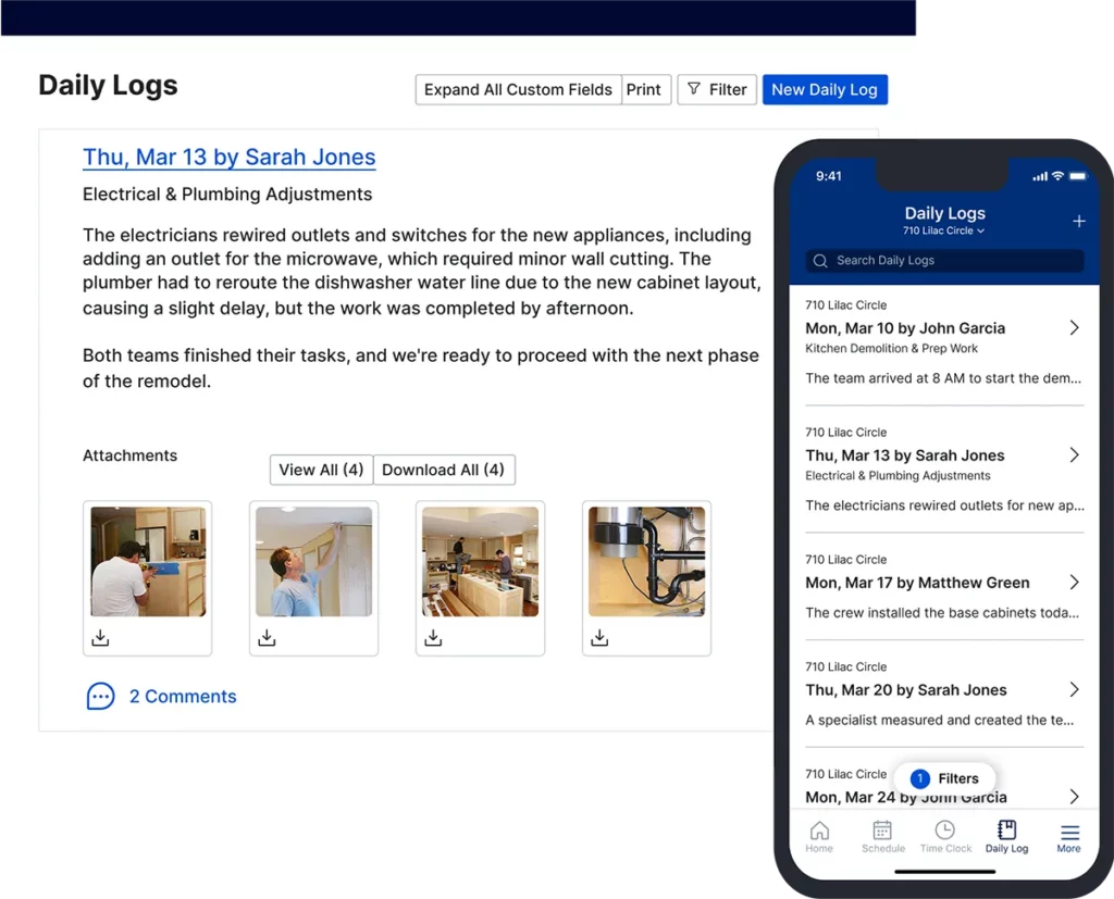 Daily logs screen and mobile product UI