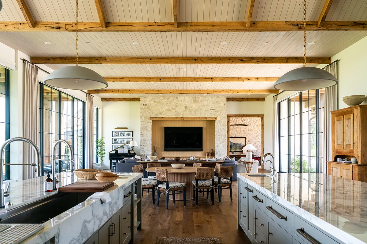 Home interior with wood beam ceiling feature