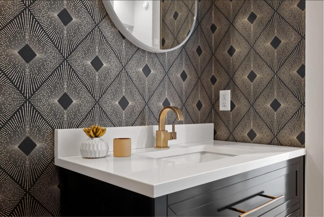 Interior bathroom photo with golden faucet