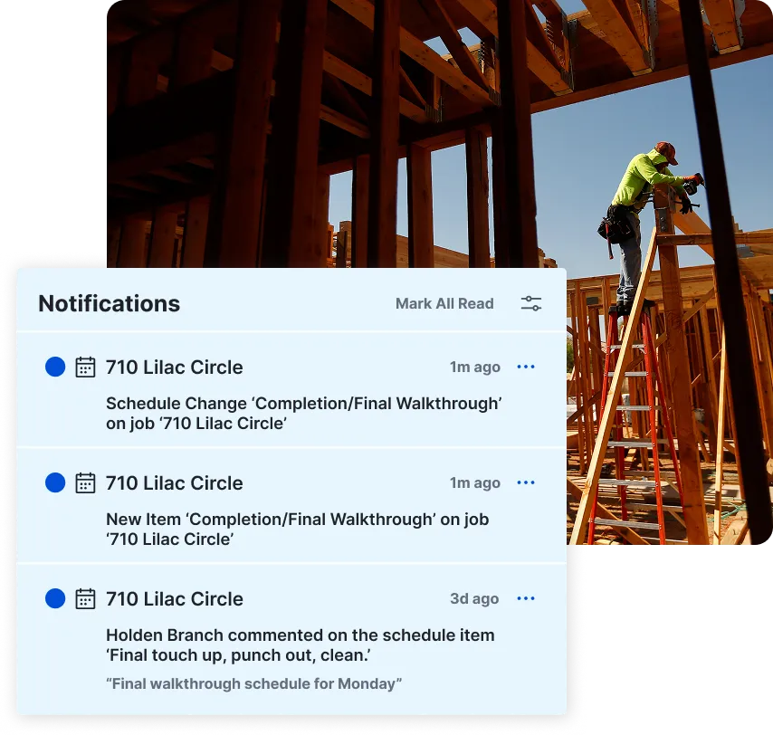 Scheduling product UI with a photo of a man working on home frame