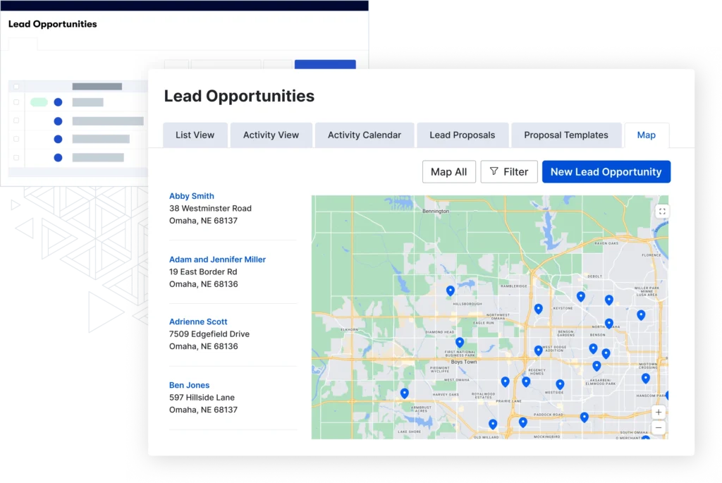 Buildertrend Lead Opportunities dashboard with prospect list and interactive map of lead locations.