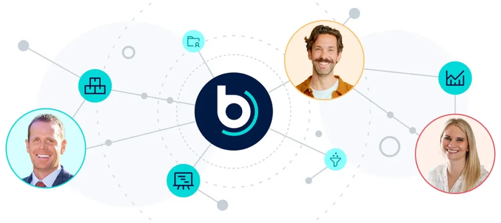Buildertrend ambassador hub graphic showing central logo connected to icons for project management, scheduling, reporting, and collaboration.