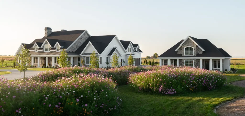 Luxury custom home with white siding and stone accents surrounded by landscaped gardens and open green space.