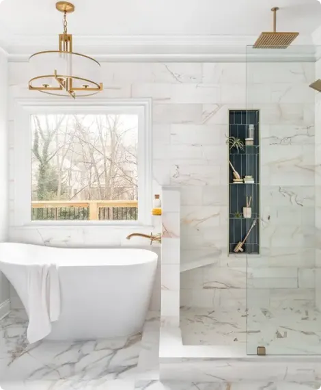 Master bathroom with white tiled back splash with white tub