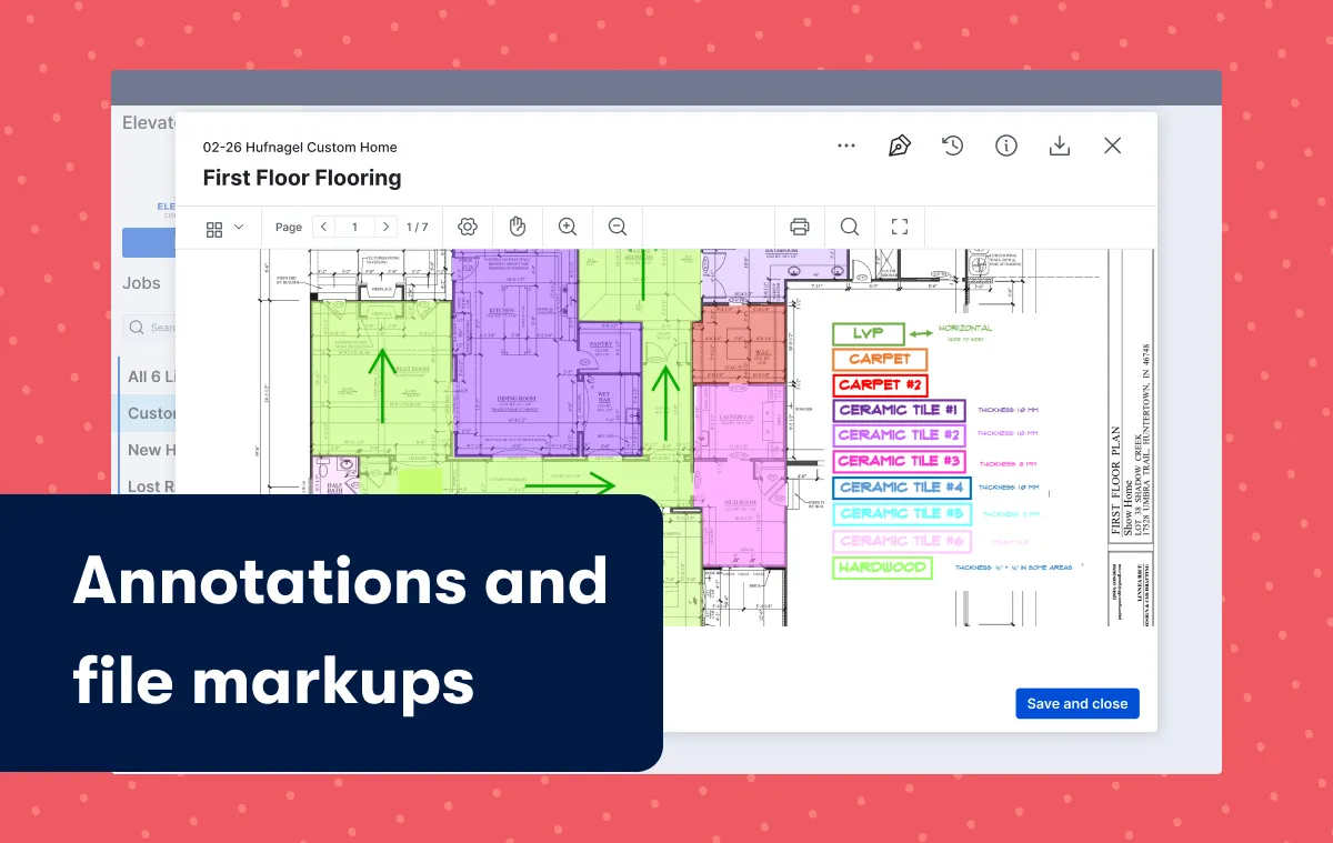 Buildertrend interface showing annotated floor plan with color-coded file markups for flooring types.