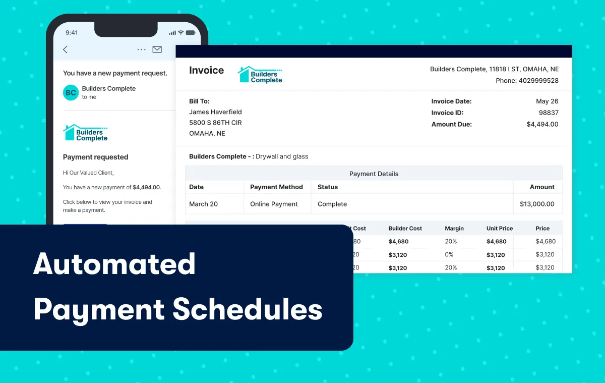 Invoice and mobile payment request screen displaying automated payment schedules for construction projects.