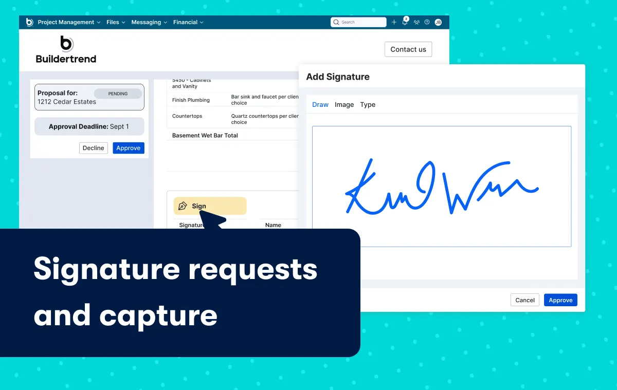 Digital signature capture screen for approving proposals and contracts in Buildertrend.