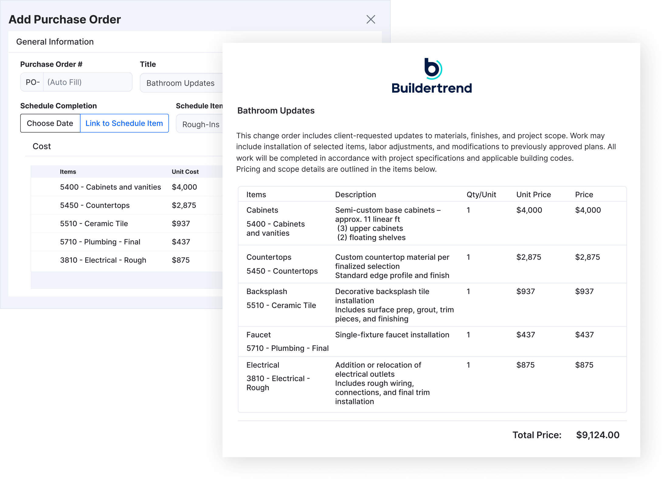 Buildertrend product user interface keeping change orders connected to the rest of your project