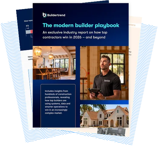 Cover of "The Modern Builder Playbook" by Buildertrend featuring construction industry insights, with images of a home interior, a contractor in black shirt, and an exterior view of a residential house.