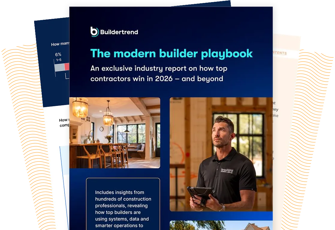 Cover of "The Modern Builder Playbook" report by Buildertrend showing a kitchen interior, a construction professional holding a tablet, and text describing industry insights for top contractors winning in 2026 and beyond.