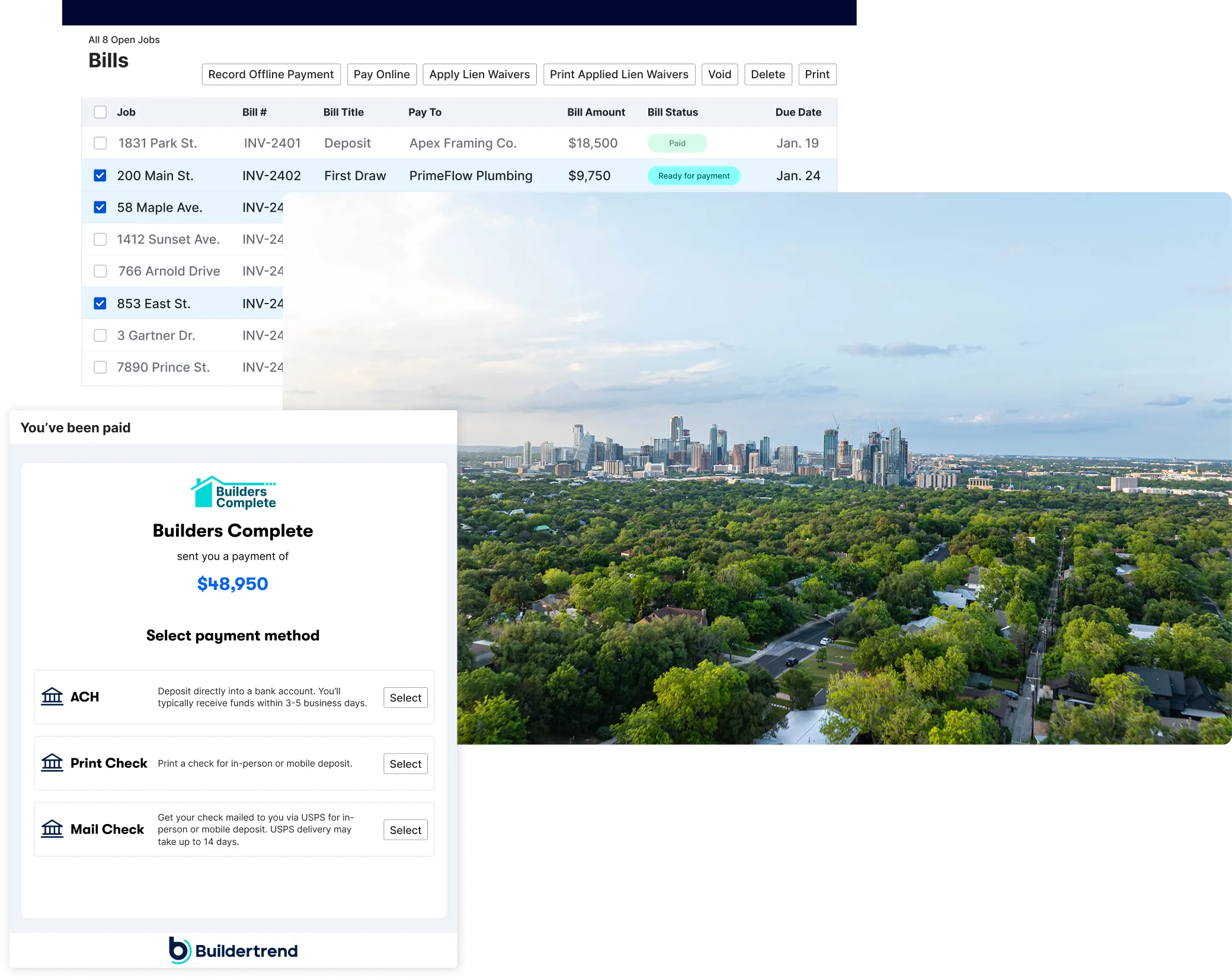 Discover one platform - PPC 1 Screenshot of a construction project management interface showing 8 open jobs with bills listed in a table format, including job names, bill numbers, amounts, and payment status. A payment confirmation popup displays $48,950 sent to Builders Complete with three payment method options: ACH, Print Check, and Mail Check. A cityscape with green landscape is visible in the background.
