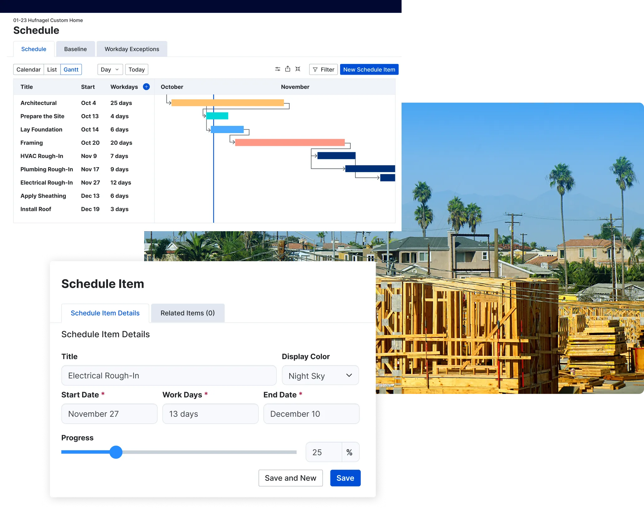 Discover one platform - PPC 2 Project schedule for 01-23 Hufnagel Custom Home showing Gantt chart with construction tasks from October through December, including architectural, foundation, framing, and electrical work phases. Currently displays Electrical Rough-In task details with 25% progress completion.