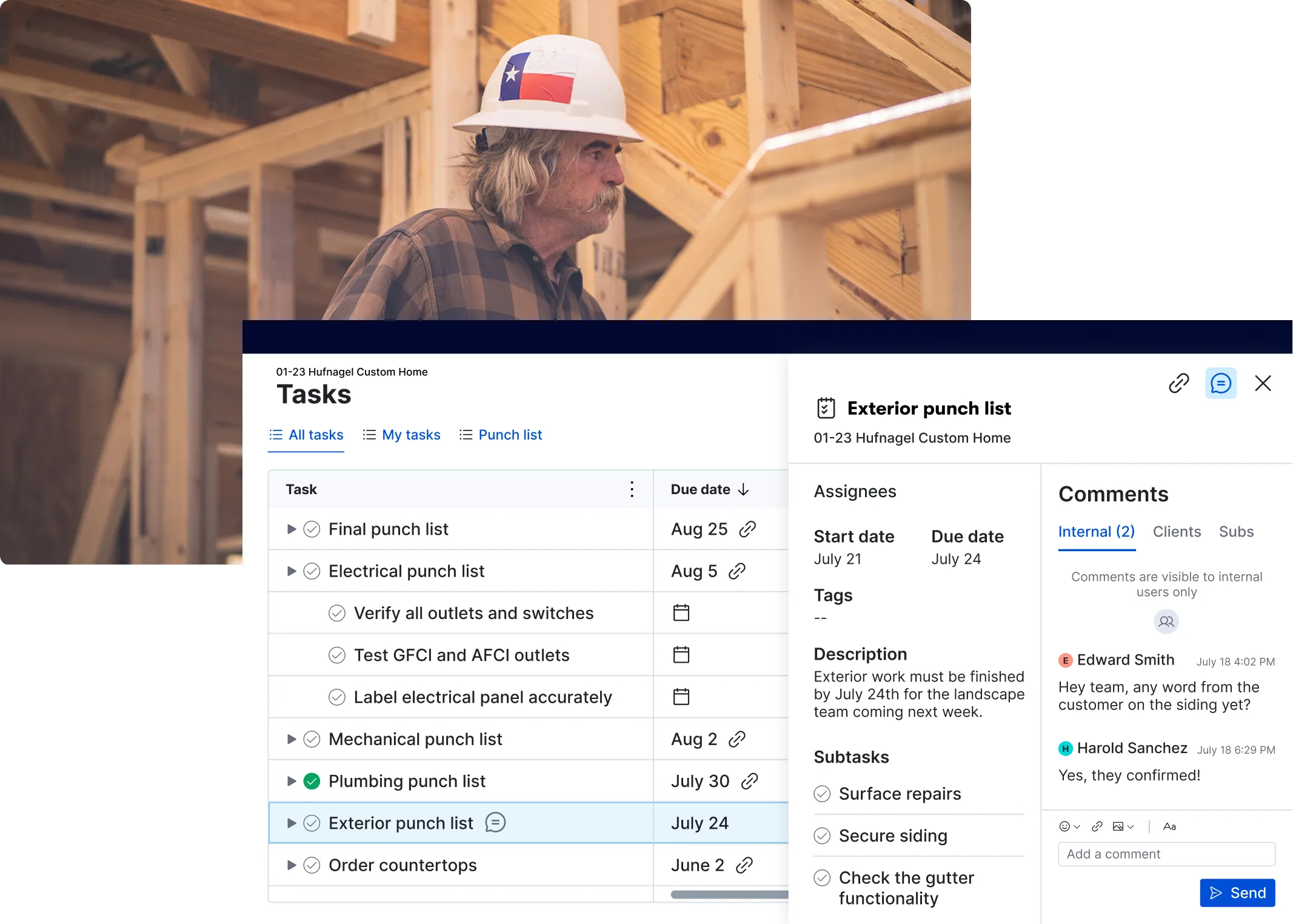 Discover one platform - PPC 2 A construction worker wearing a white hard hat with the Texas flag inspects wooden framing inside a home, while a project management interface displays tasks for the Hufnagel Custom Home project, including punch lists for electrical, mechanical, plumbing, and exterior work with due dates and team comments visible.