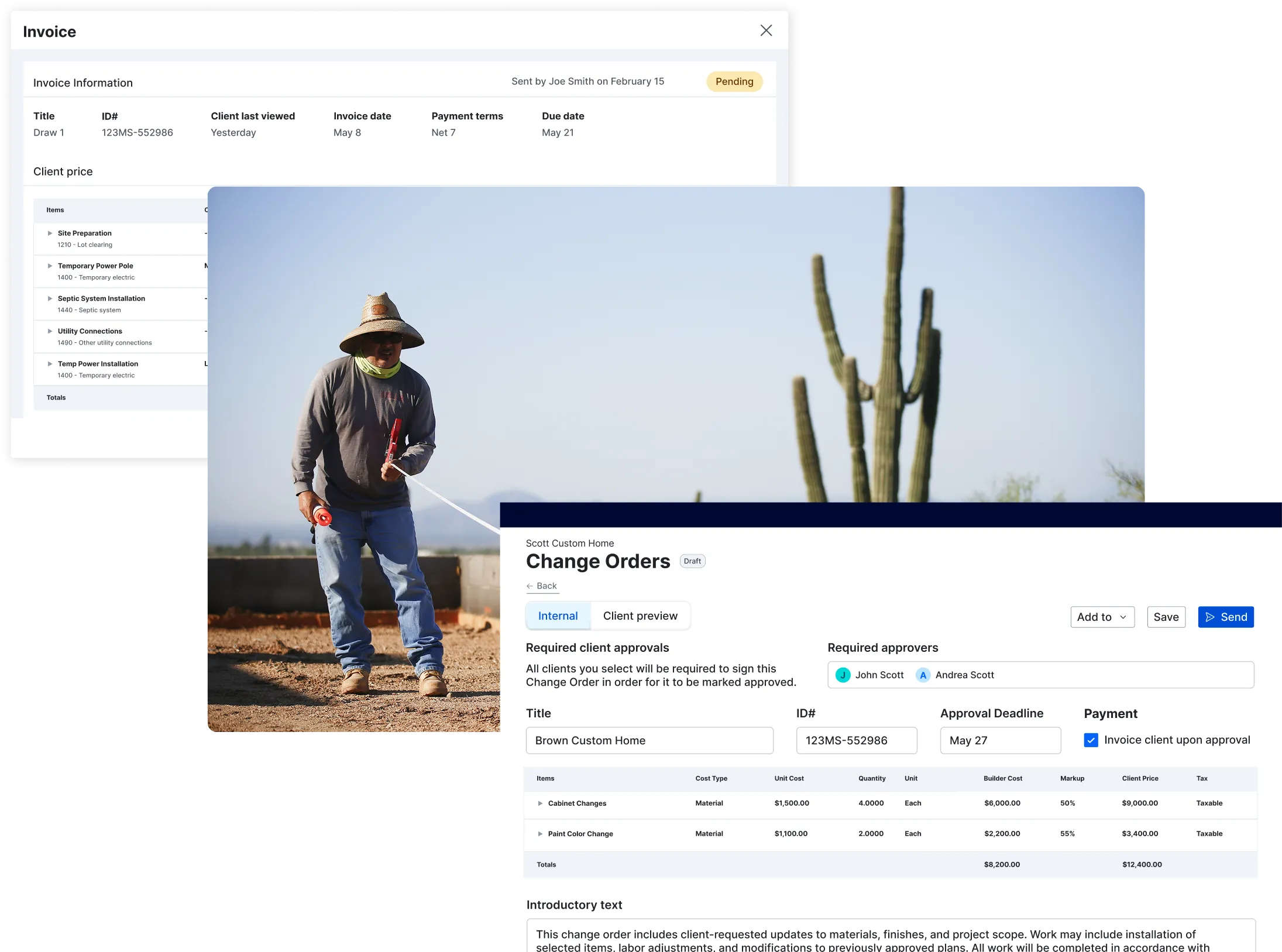 Discover one platform - PPC 3 Screenshot of an invoice and change order management interface showing a construction worker in a desert landscape, with invoice details for "Draw 1" including site preparation, temporary power pole, septic system installation, utility connections, and temp power installation, alongside a "Change Orders" form for Scott Custom Home's Brown Custom Home project with required client approvals and line items for cabinet changes and paint color changes.