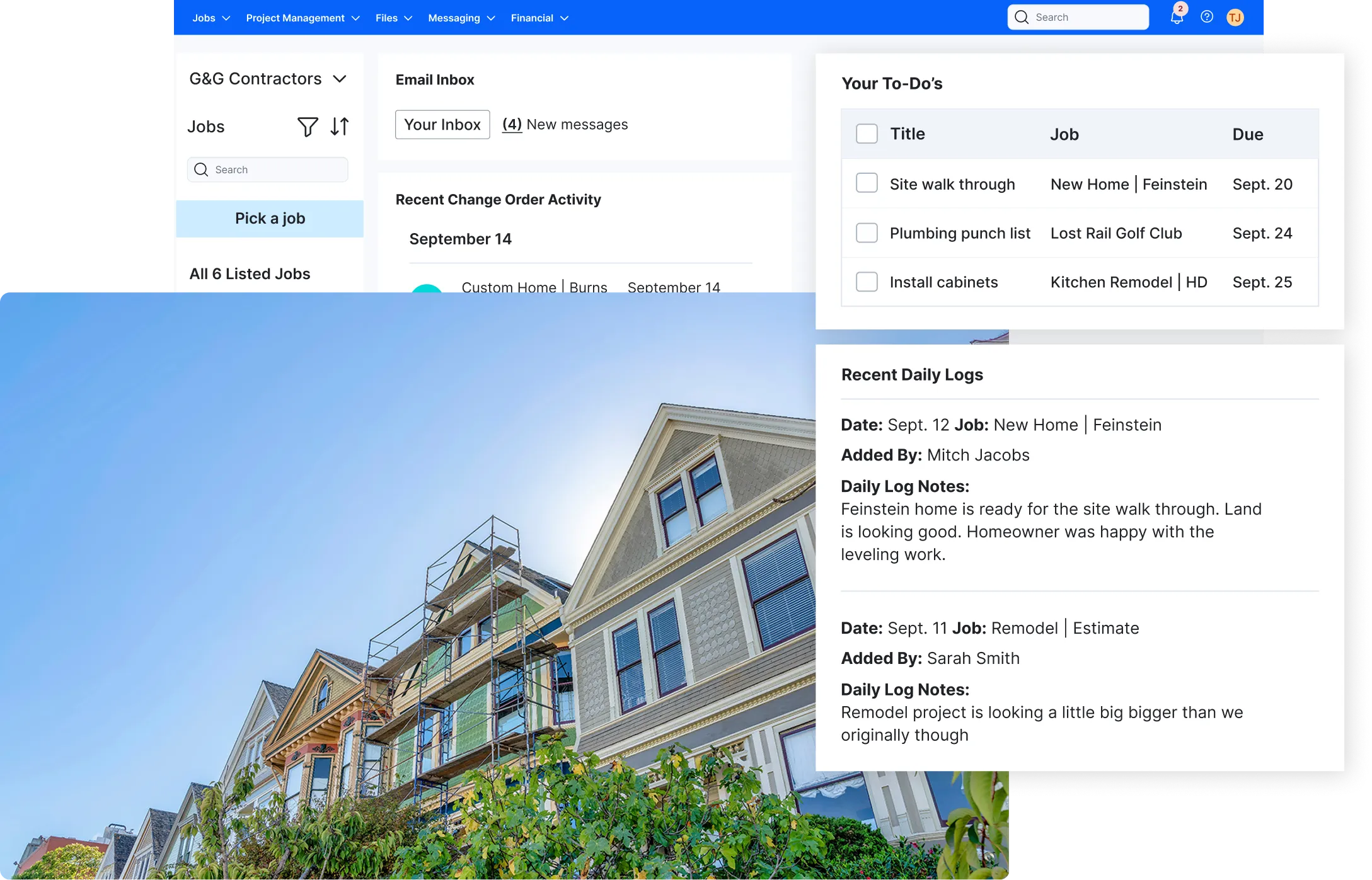 Discover one platform - PPC 4 Dashboard for G&G Contractors project management software showing email inbox with 4 new messages, a to-do list with three upcoming tasks including site walk-through and plumbing punch list, and recent daily logs from September 11-12 documenting progress on home renovation projects with photos of a house under construction.