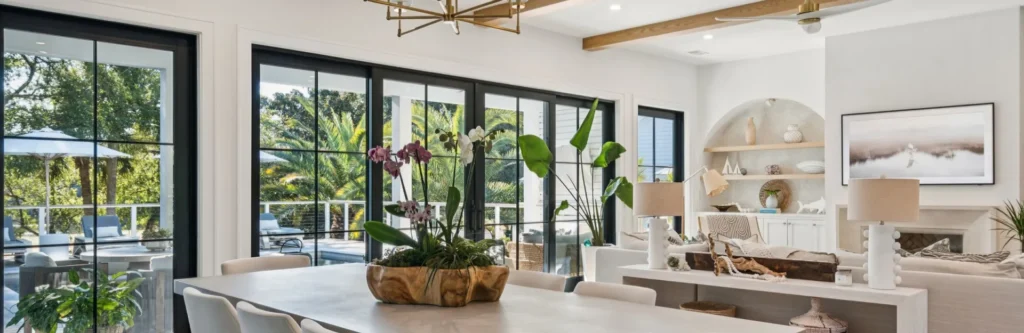 Modern living room and dining area with large black-framed glass doors opening to an outdoor deck, white built-in shelving, a dining table with potted orchids, wooden beams, and contemporary furnishings in neutral tones.