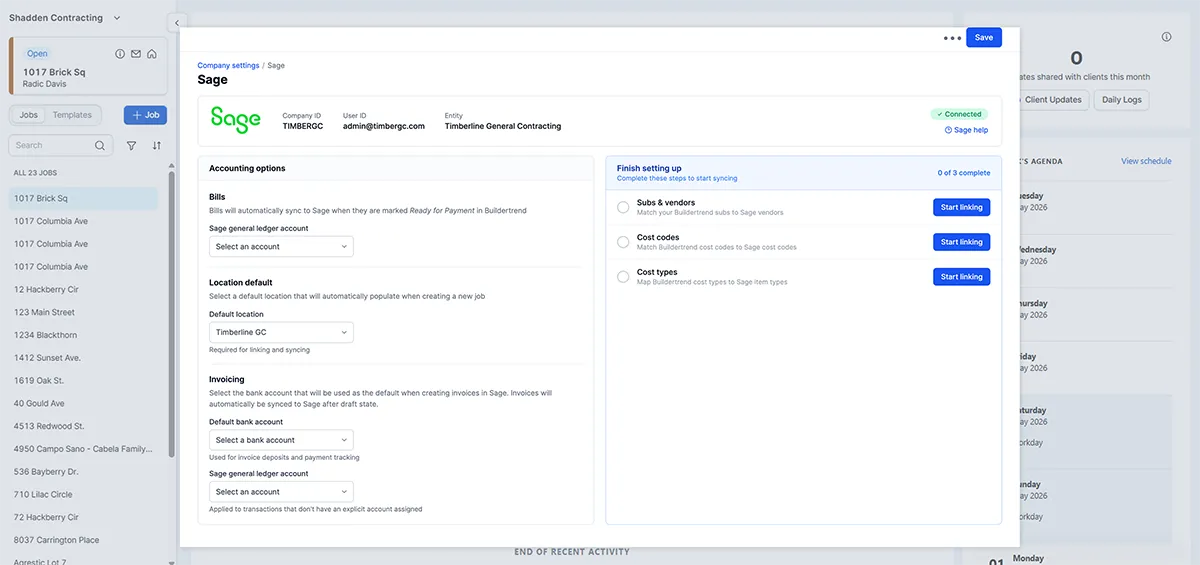 Sage Intacct 3 Sage accounting software integration settings page for Timberline General Contracting, showing configuration options for bills, location defaults, and invoicing with setup completion status at 0 of 3 steps.