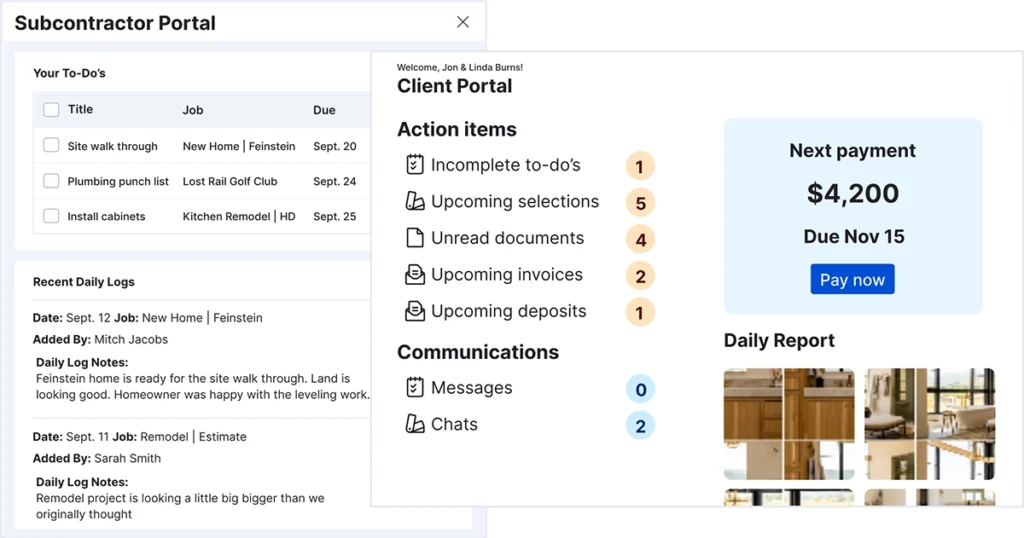 Buildertrend client and subcontractor portals showing project to-do lists, messages, invoices, and daily logs.