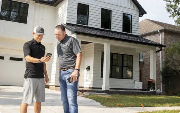 Two men looking at a mobile phone in front of a white two story home