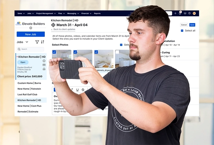 Builder using a smartphone to capture jobsite photos for a Buildertrend client update.
