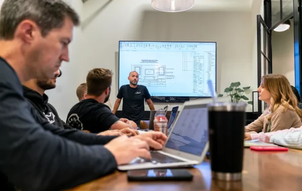 Man working on laptop during a team meeting