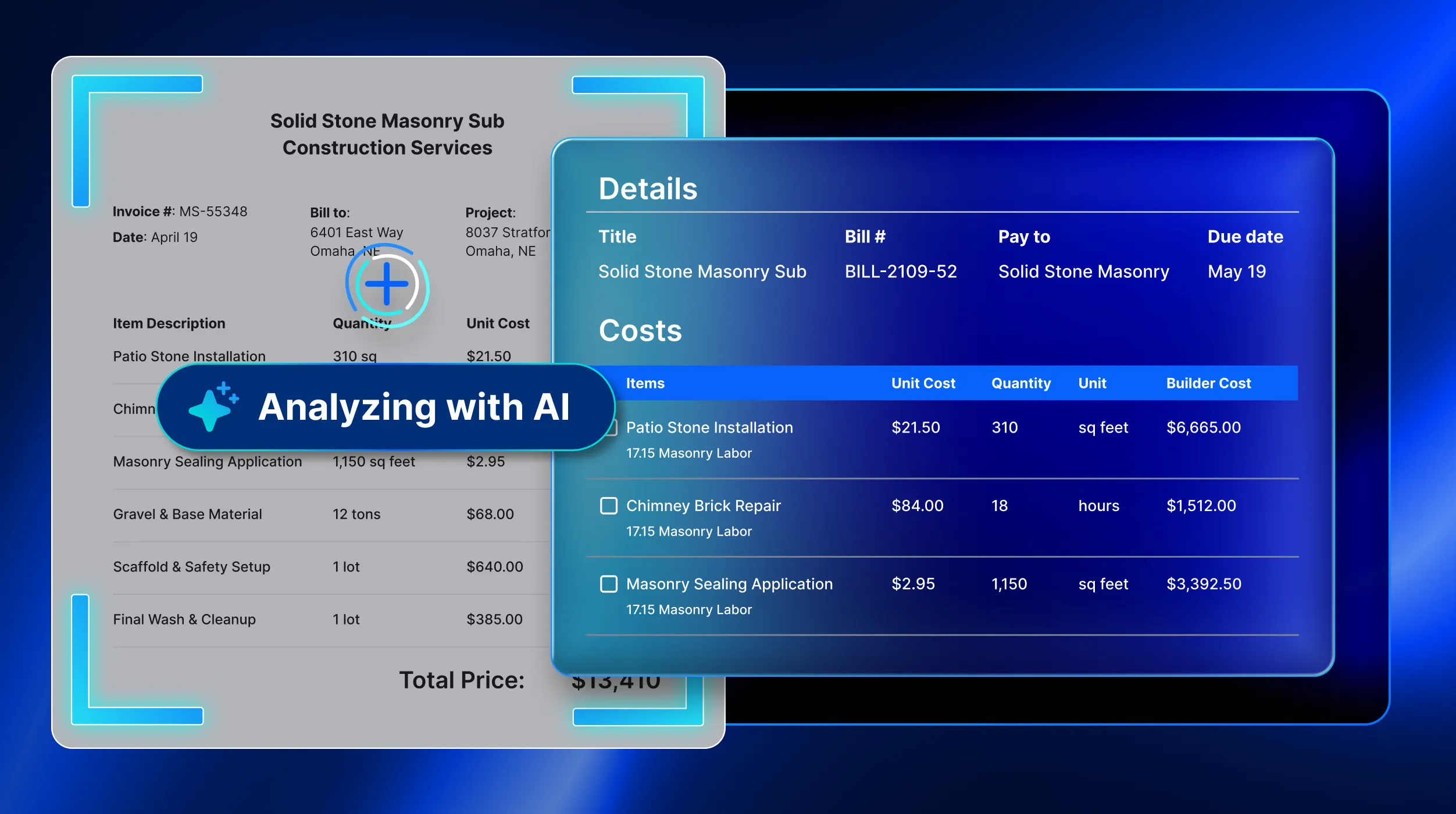 Construction AI Software 5 Invoice from Solid Stone Masonry Sub Construction Services showing itemized costs for masonry work including patio stone installation, chimney brick repair, masonry sealing application, and other services totaling $13,410, with an AI analysis overlay displaying bill details and cost breakdown.