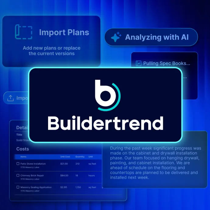 Construction AI Software 3 Screenshot of Buildertrend project management software interface showing import plans feature, AI analysis capabilities, cost tracking with line items for patio stone installation, chimney brick repair, and masonry sealing application, alongside project progress notes about cabinet and drywall installation work.