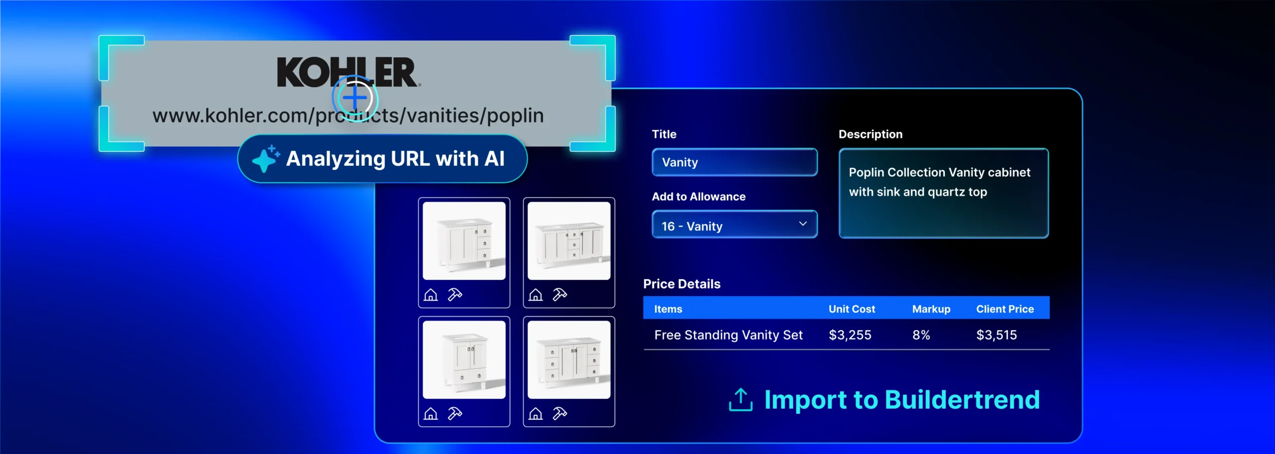 Construction AI Software 7 Screenshot of a Kohler product page analyzing the Poplin Collection Vanity cabinet. The page shows the product URL, a title field labeled "Vanity", a description stating "Poplin Collection Vanity cabinet with sink and quartz top", pricing details for a Free Standing Vanity Set at $3,255 unit cost with 8% markup resulting in $3,515 client price, four product images of different vanity styles, and an "Import