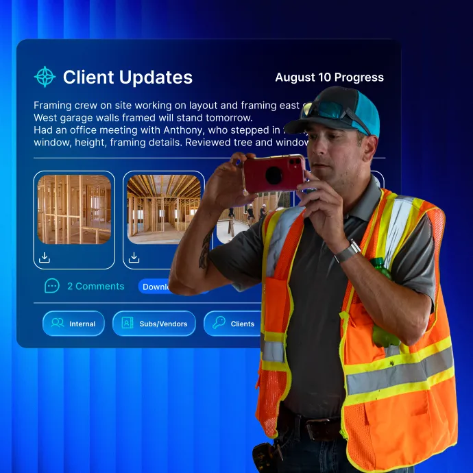 Construction AI Software 2 Construction worker in safety vest and hard hat taking a photo on mobile device, standing in front of a digital display showing Client Updates for August 10 Progress with framing crew work details and interior construction photos.