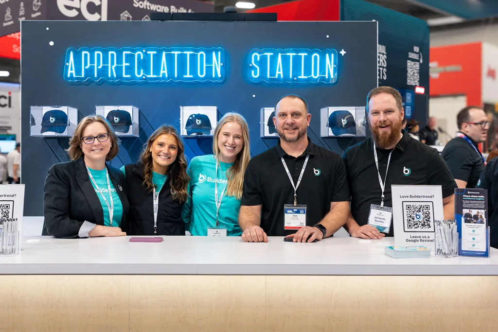 IBS 2027 6 Buildertrend team members at the Appreciation Station during the International Builders' Show.