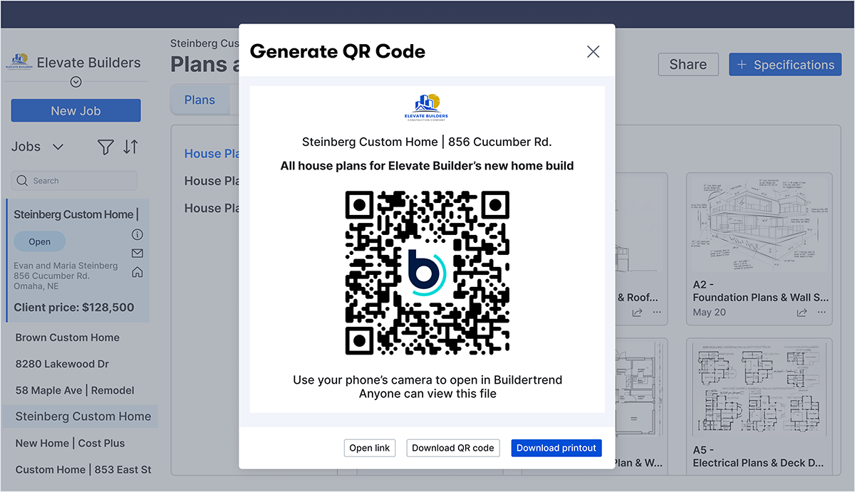 Buildertrend Plans and Specs showing a QR code for sharing construction plans with clients, subcontractors and vendors.