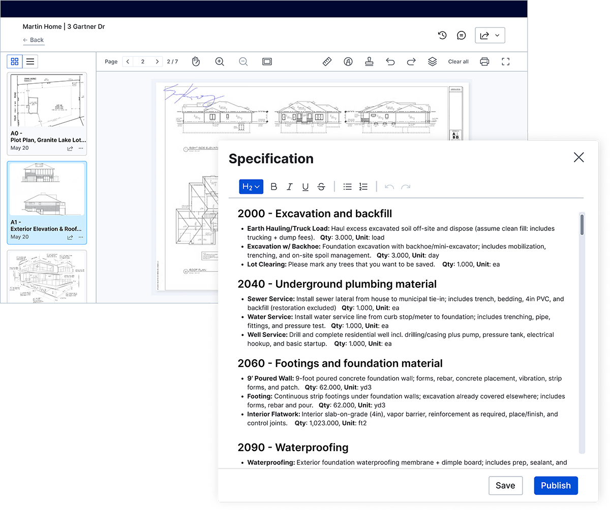 Buildertrend Plans and Specs showing construction plans alongside detailed excavation, plumbing and foundation specifications.