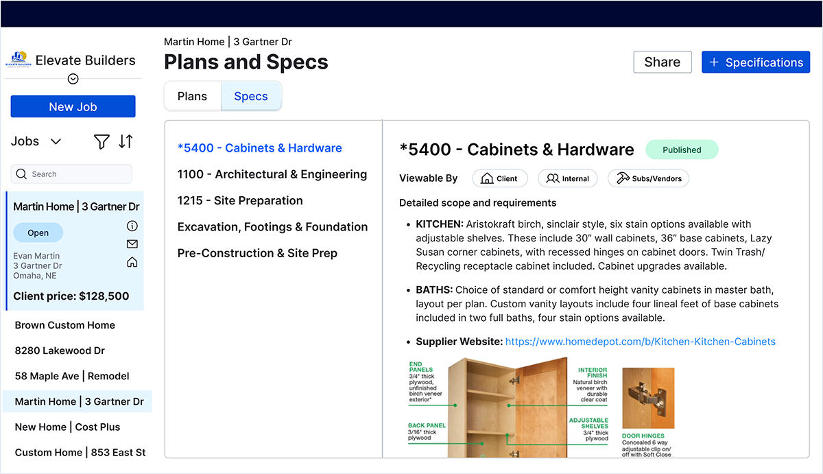 Buildertrend Plans and Specs showing published cabinet and hardware specifications with scope details and product information.